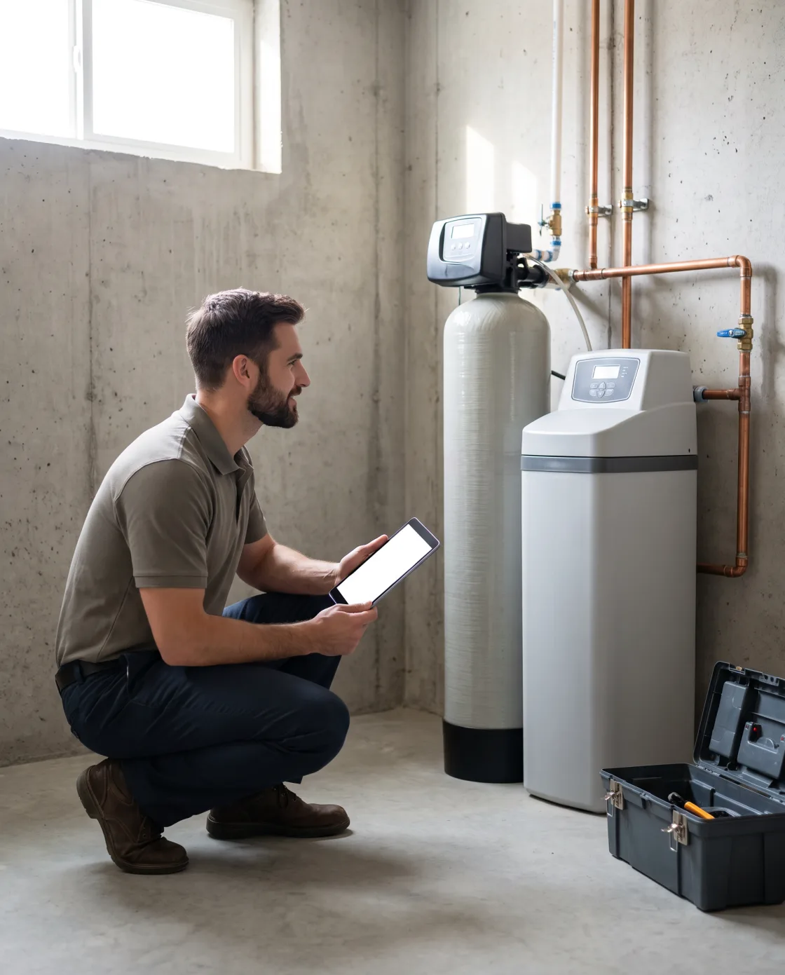 A licensed Edina Plumbing technician reviewing a whole-home water softener and filtration system with a tablet