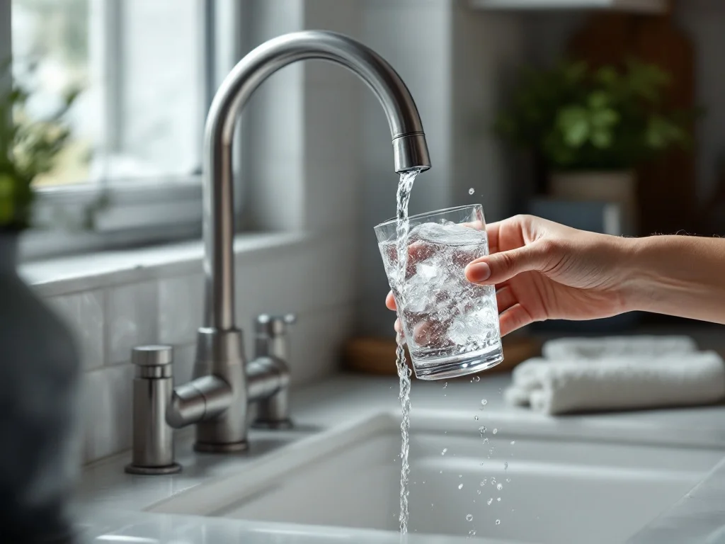 Water-spotted glassware and a scaled faucet from hard Edina water