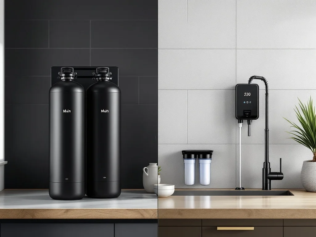 A whole-home filtration system next to an under-sink reverse-osmosis unit